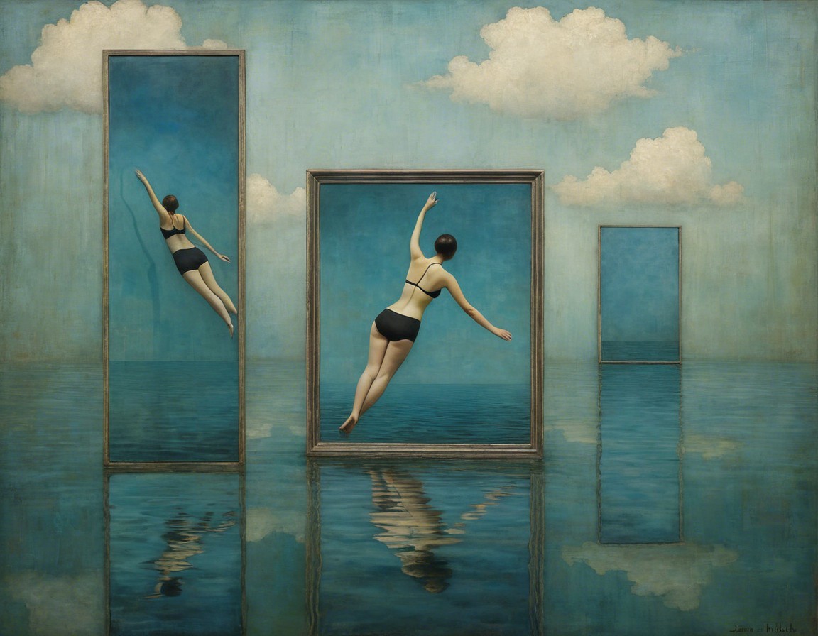 Surreal Artwork with Frames and Figures in Water