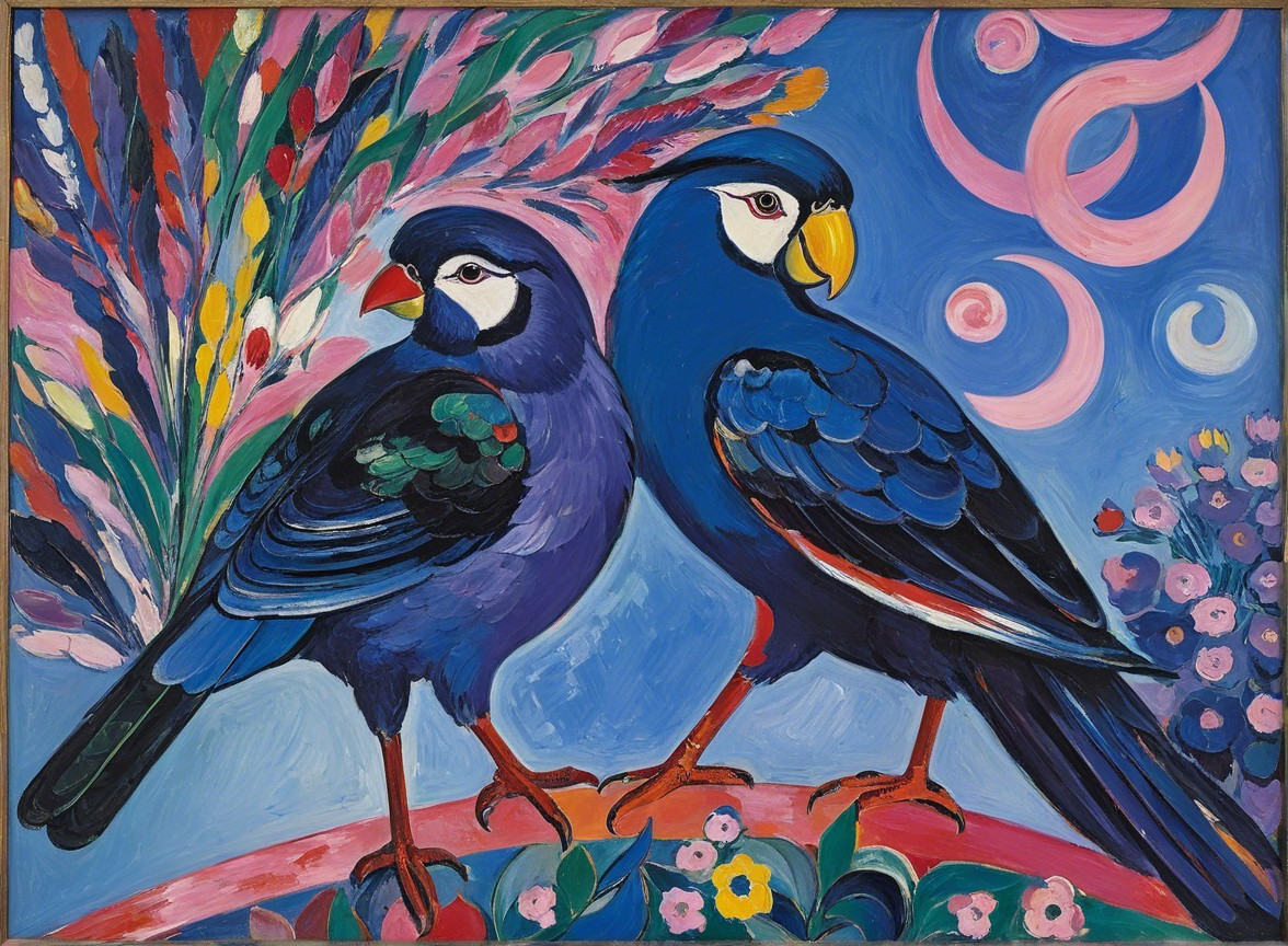 Vibrant Birds with Colorful Flowers on Blue Background