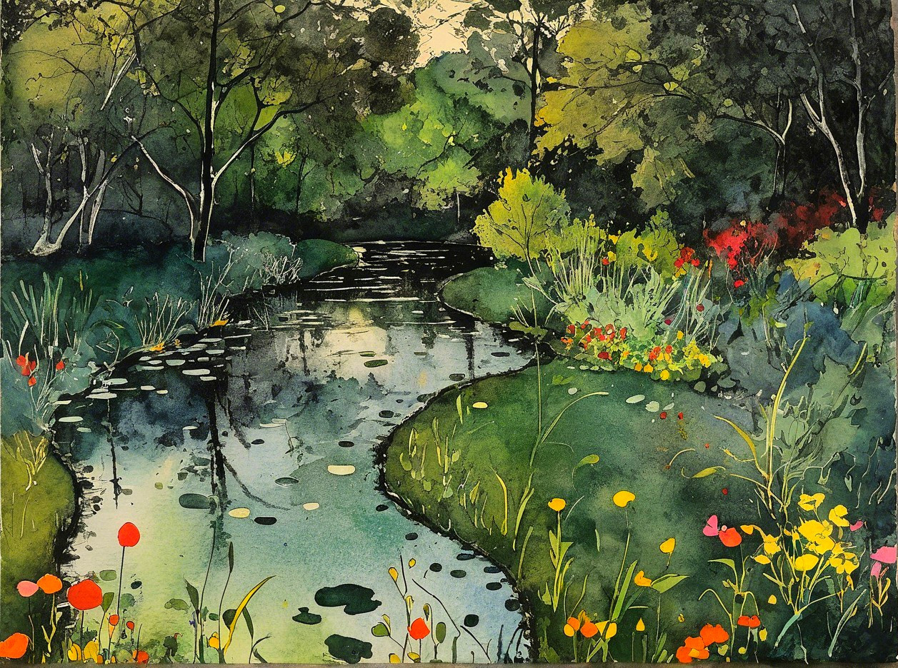 Tranquil River and Lush Greenery in Serene Landscape