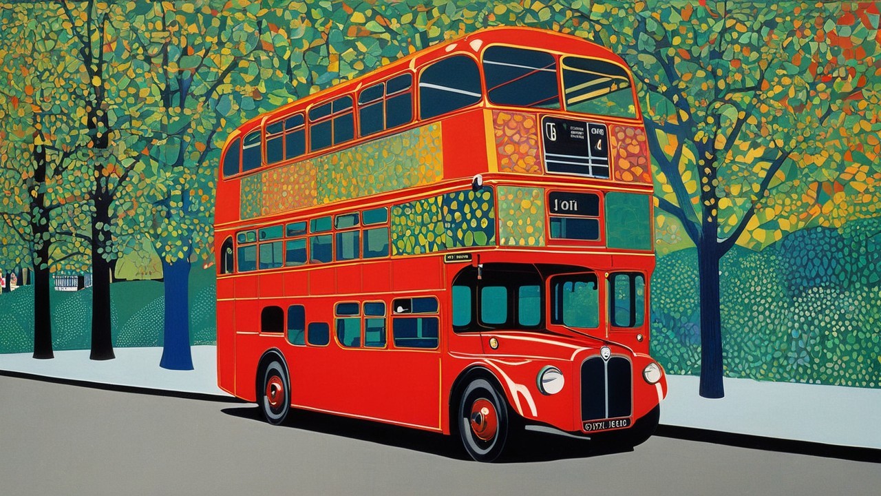 Illustrated Scene of a Red Double-Decker Bus on Street