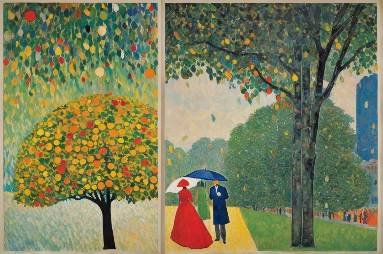 Colorful Abstract Tree and Couple Under Umbrella