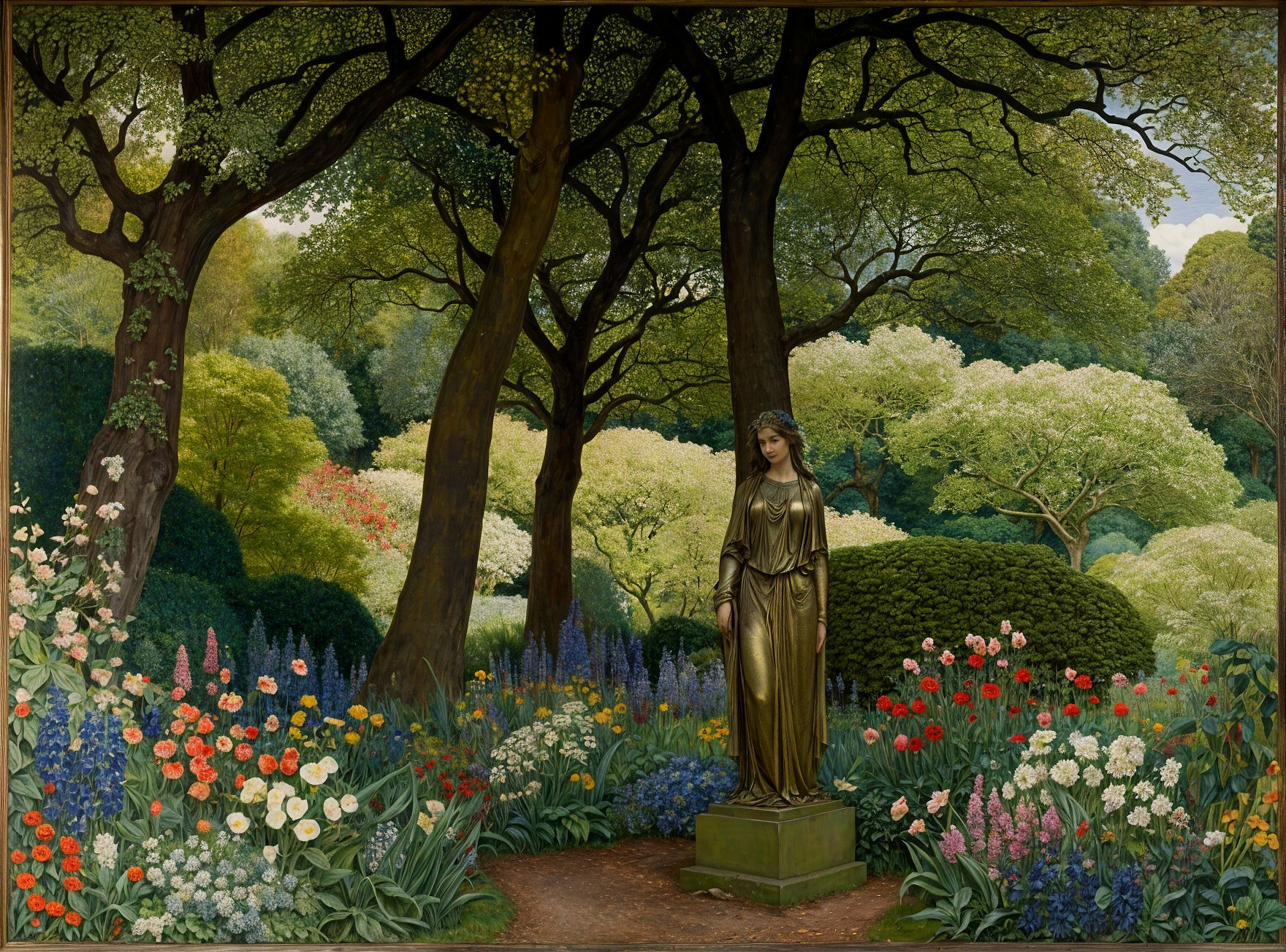 Bronze Statue in a Flower-Filled Forest Glade