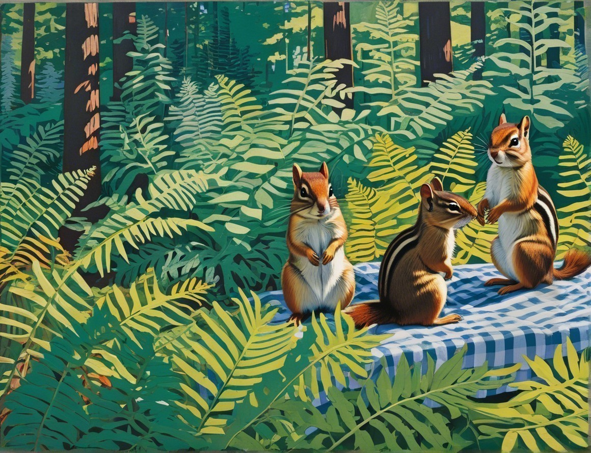 Chipmunks on a Picnic Blanket in a Forest Setting