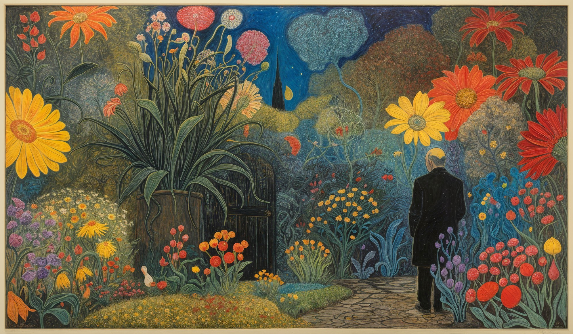 Vibrant Garden with Colorful Flowers and Twilight Sky