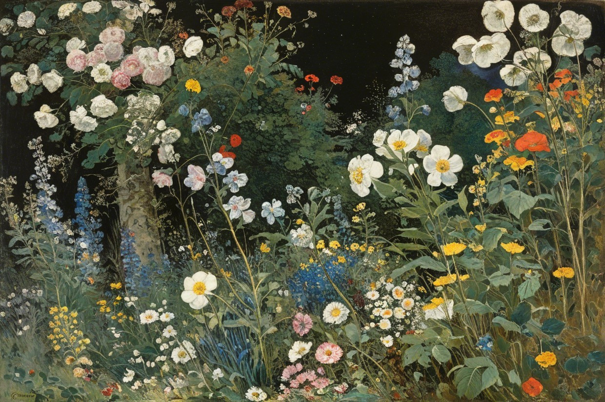 Vibrant Garden Scene with Colorful Blooming Flowers