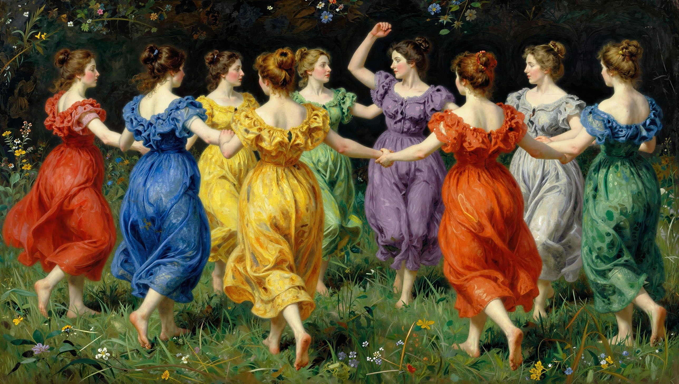 Young women in colorful dresses dancing in a circle