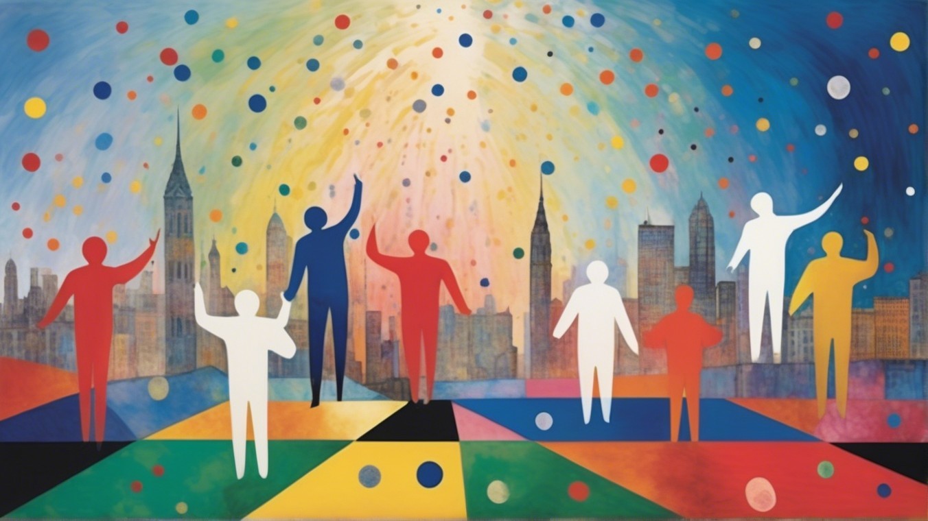 Vibrant Silhouettes Against Colorful City Skyline