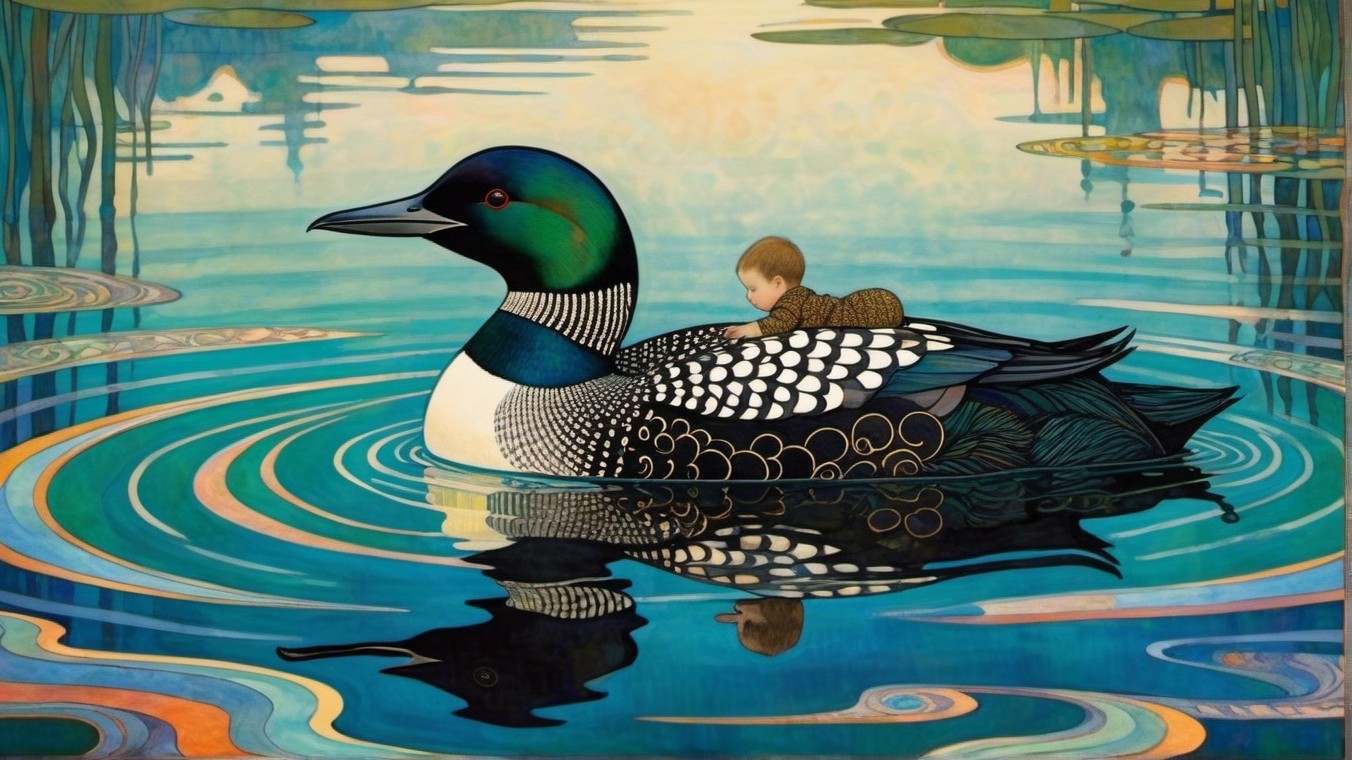 Common Loon with Child on Calm Waters Scene