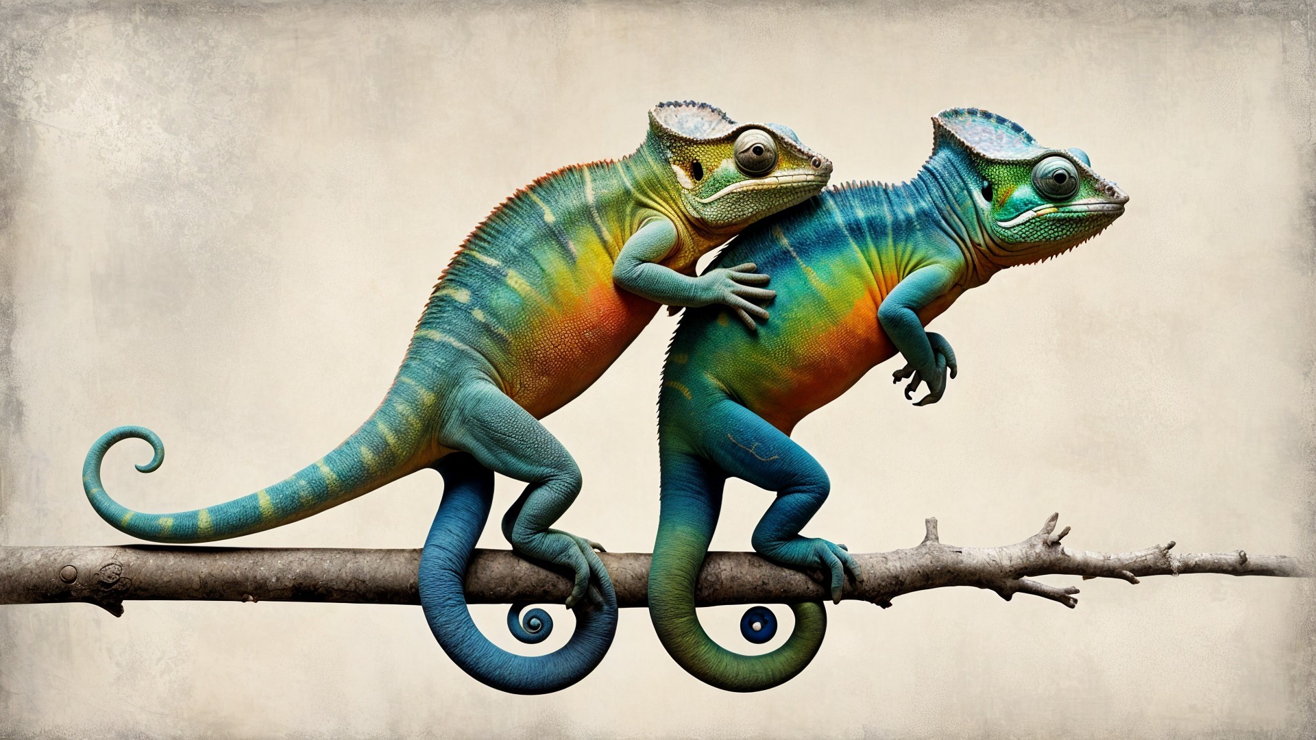 Vibrant Chameleons on a Branch with Colorful Scales