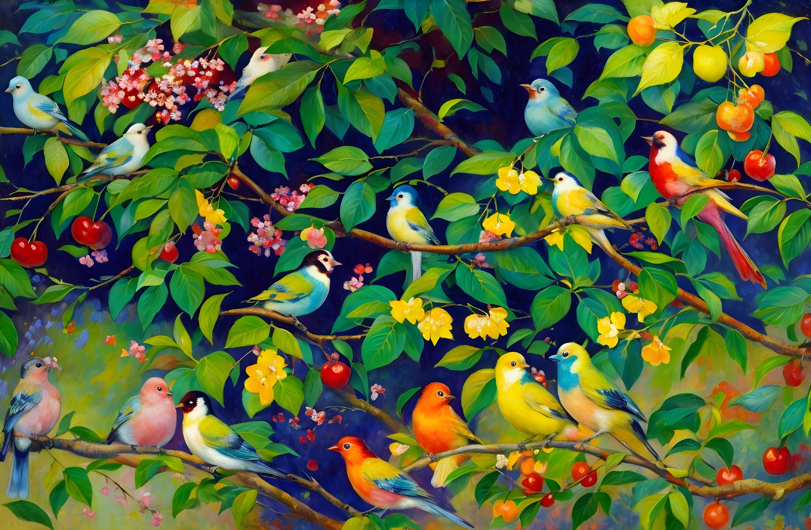 Vibrant Birds on Branches in Colorful Nature Scene