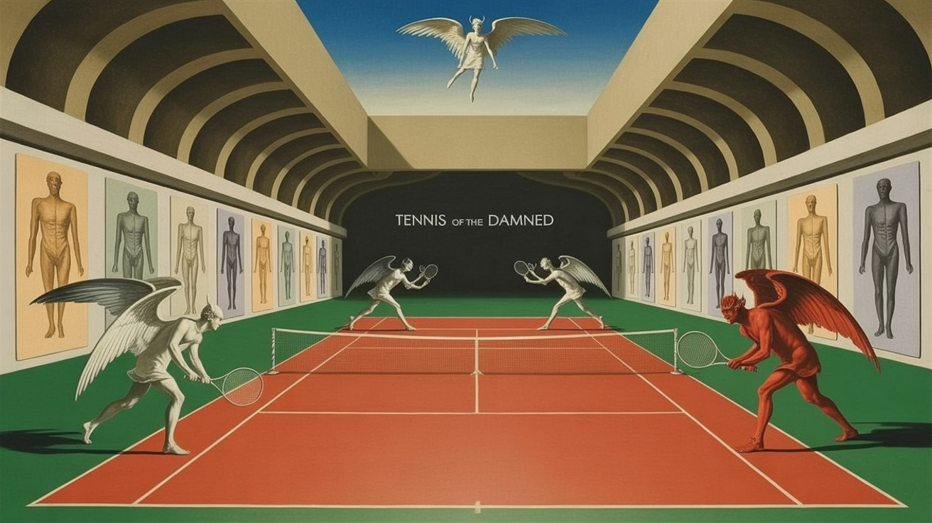 Surreal Tennis Match Depicting Good vs. Evil Themes
