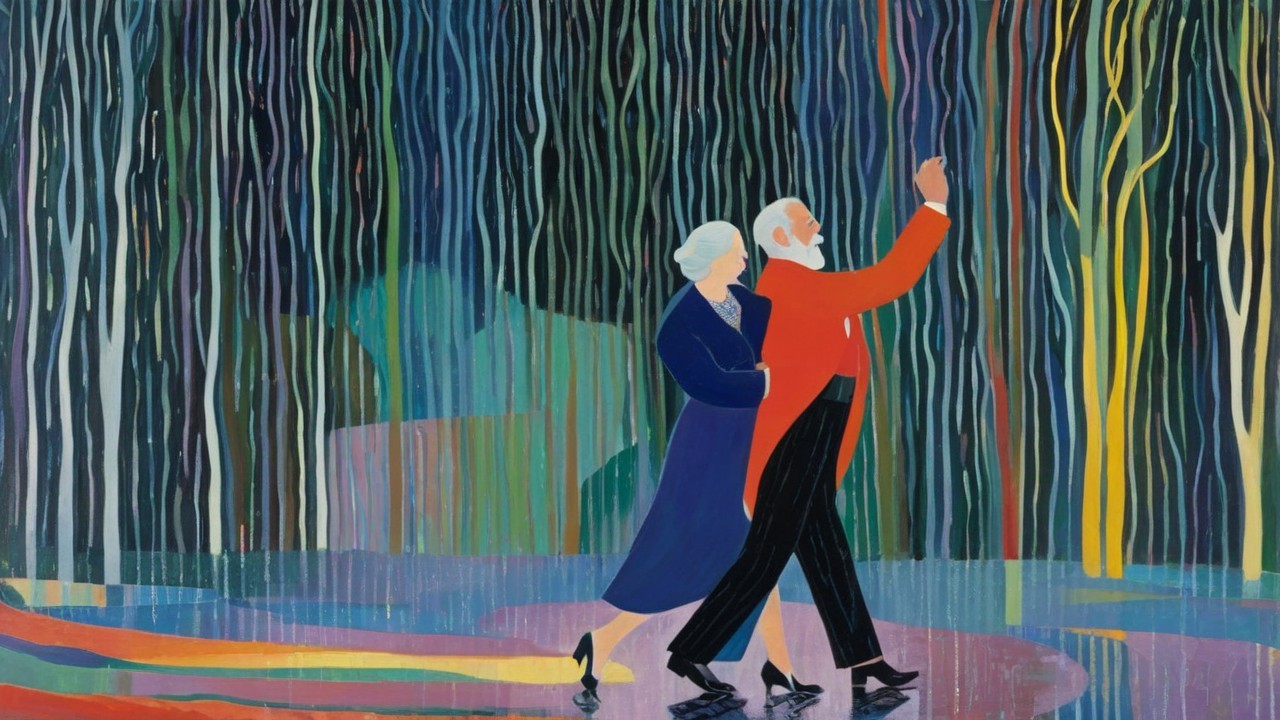 Elderly Couple Walking Together in Colorful Attire