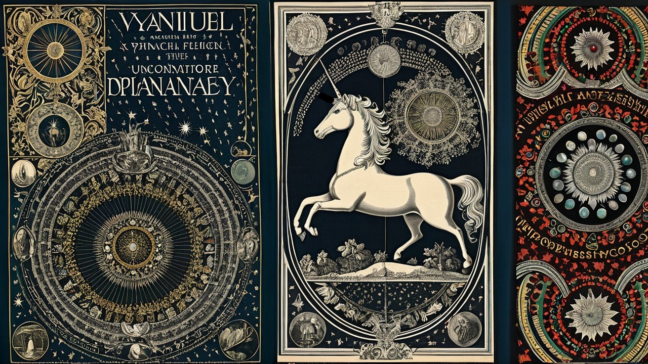 Three Panels Featuring Celestial Map, Unicorn, and Patterns