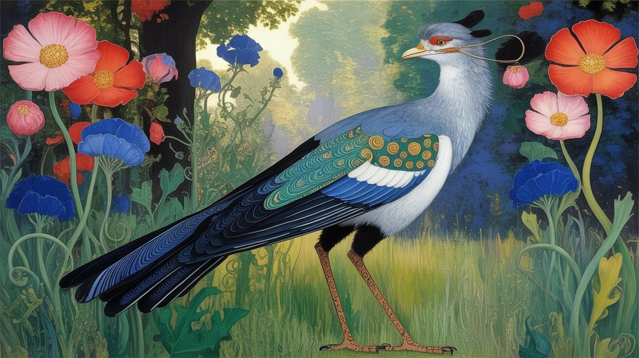 Surreal Bird Among Colorful Flowers in Lush Setting