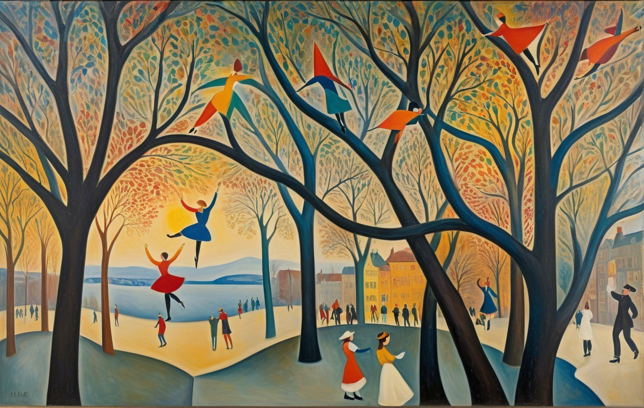 Whimsical Autumn Park Scene with Joyful Figures