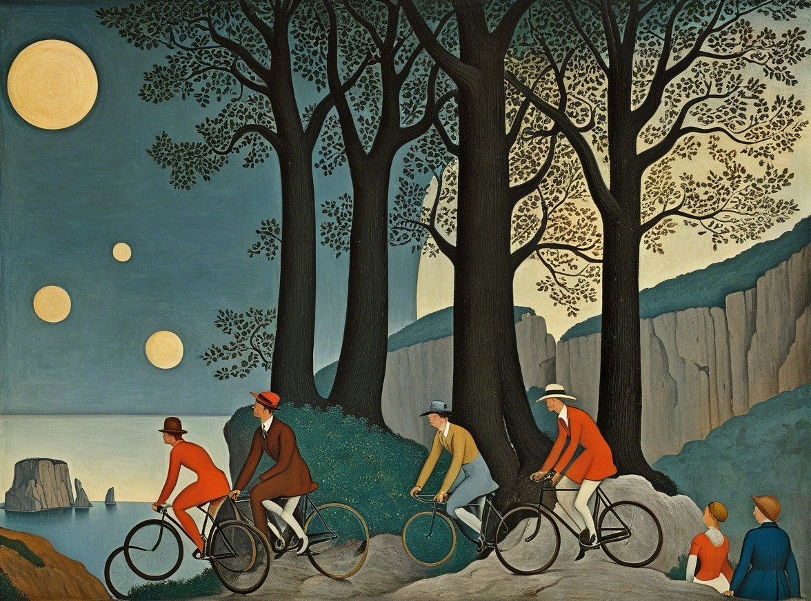 Cyclists in Vibrant Attire Amidst a Whimsical Landscape