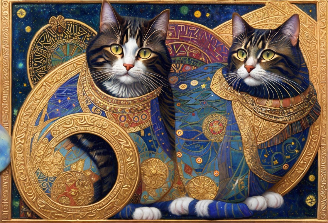 Intricately decorated celestial cats on starry background