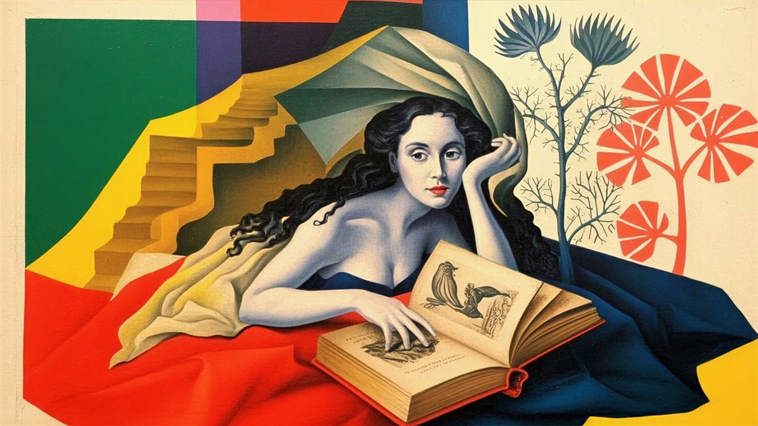 Reclining Woman Reading with Geometric Background