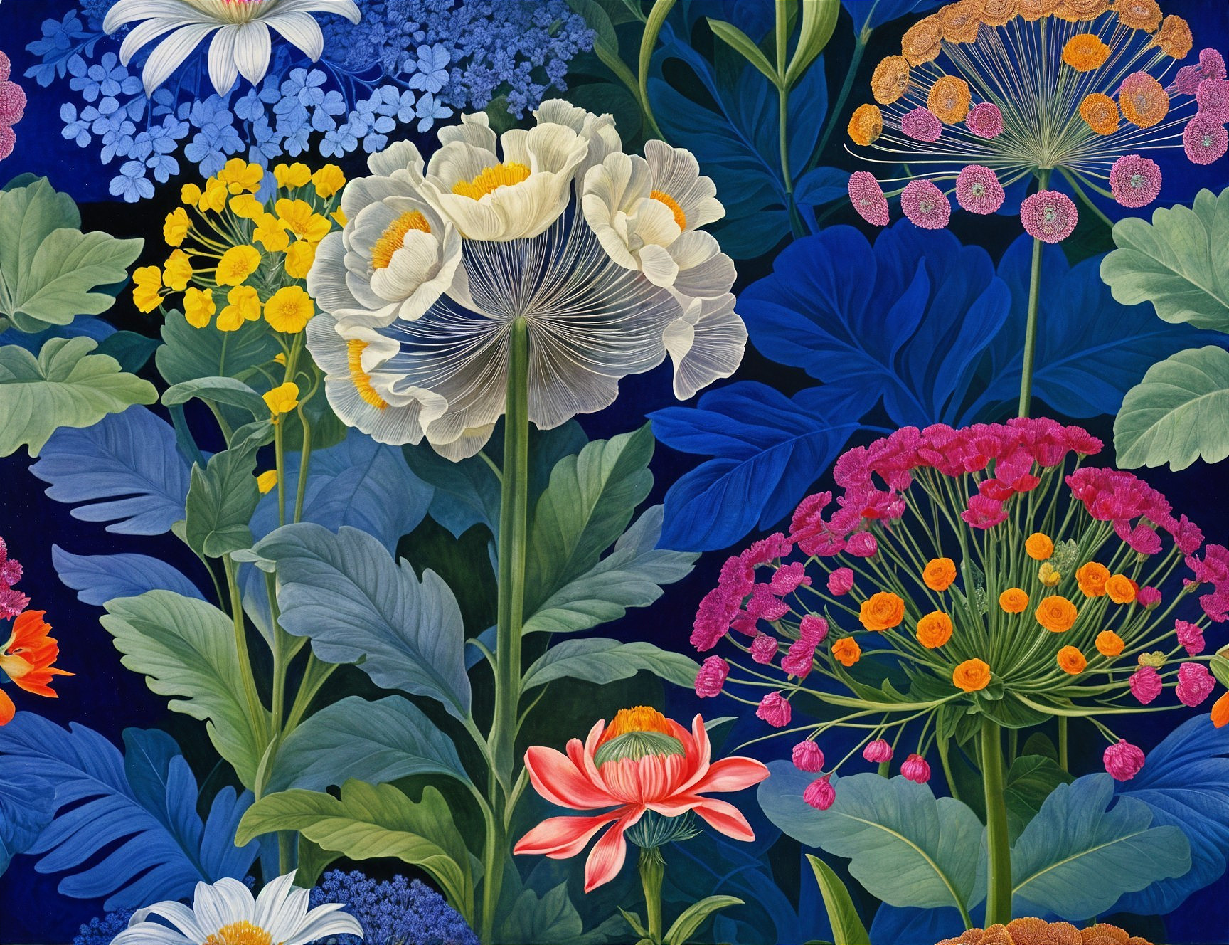 Vibrant Tapestry of Diverse Flowers on Navy Background