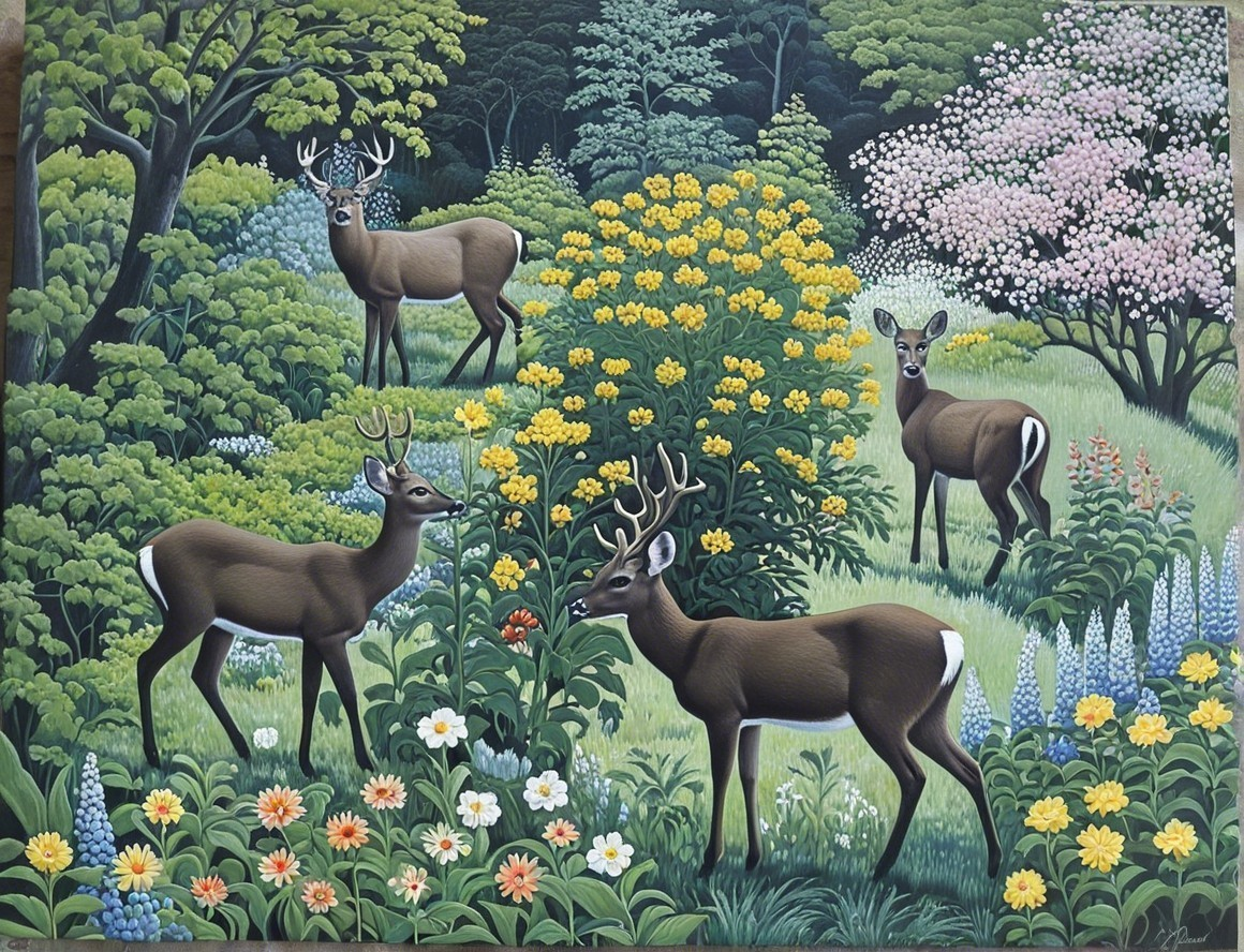 Lush Forest Landscape with Deer and Vibrant Flora