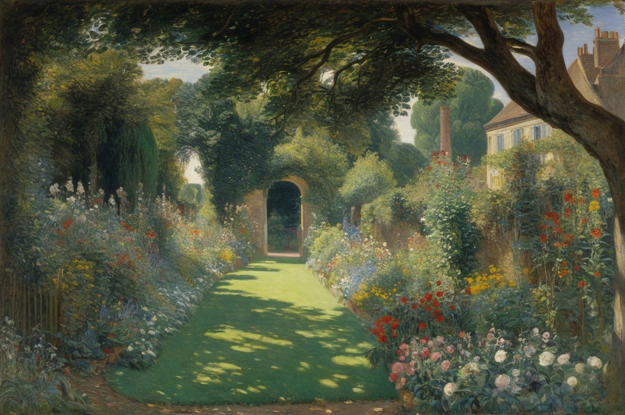 Vibrant Garden Scene with Colorful Flowers and Pathway