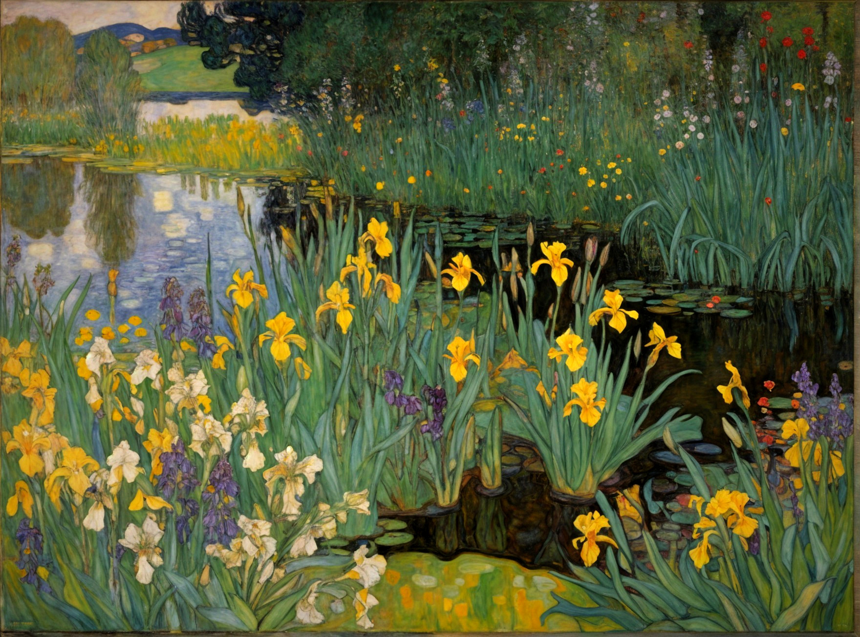 Serene Landscape with Pond and Vibrant Flowers