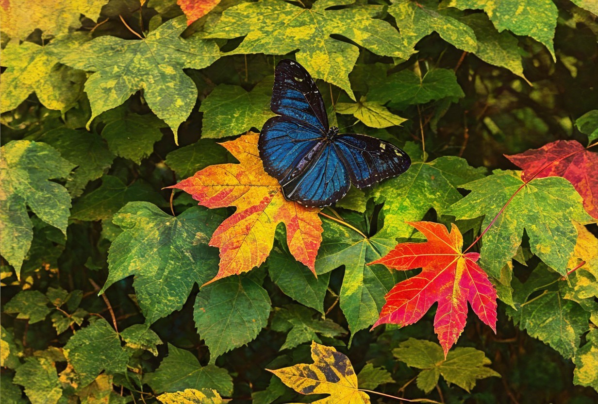 Blue Butterfly on Colorful Autumn Leaves
