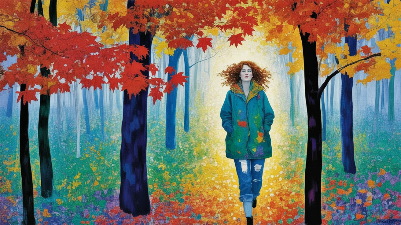 Young woman in vibrant autumn forest with colorful leaves