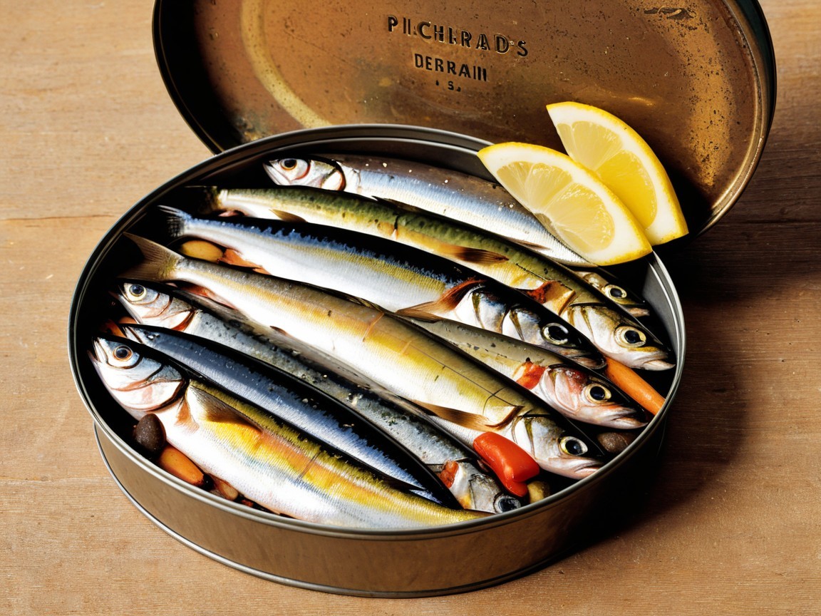 Round tin can with pilchards and lemon slices