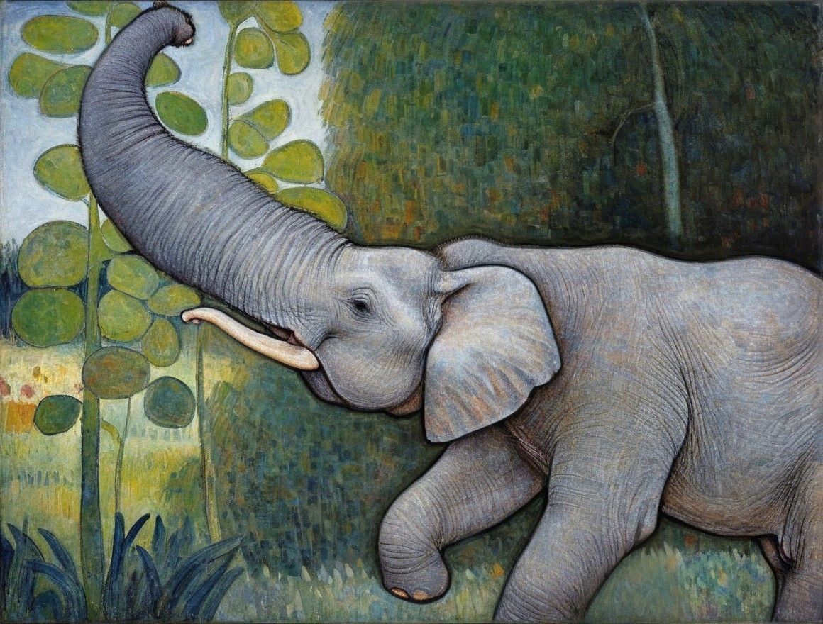 Stylized Elephant in Abstract Lush Landscape Artwork