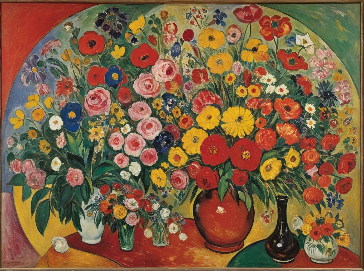Vibrant Still Life Painting of Colorful Flower Arrangement