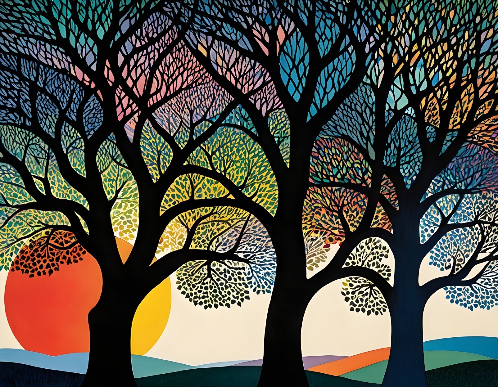 Vibrant Landscape with Silhouetted Trees at Sunset