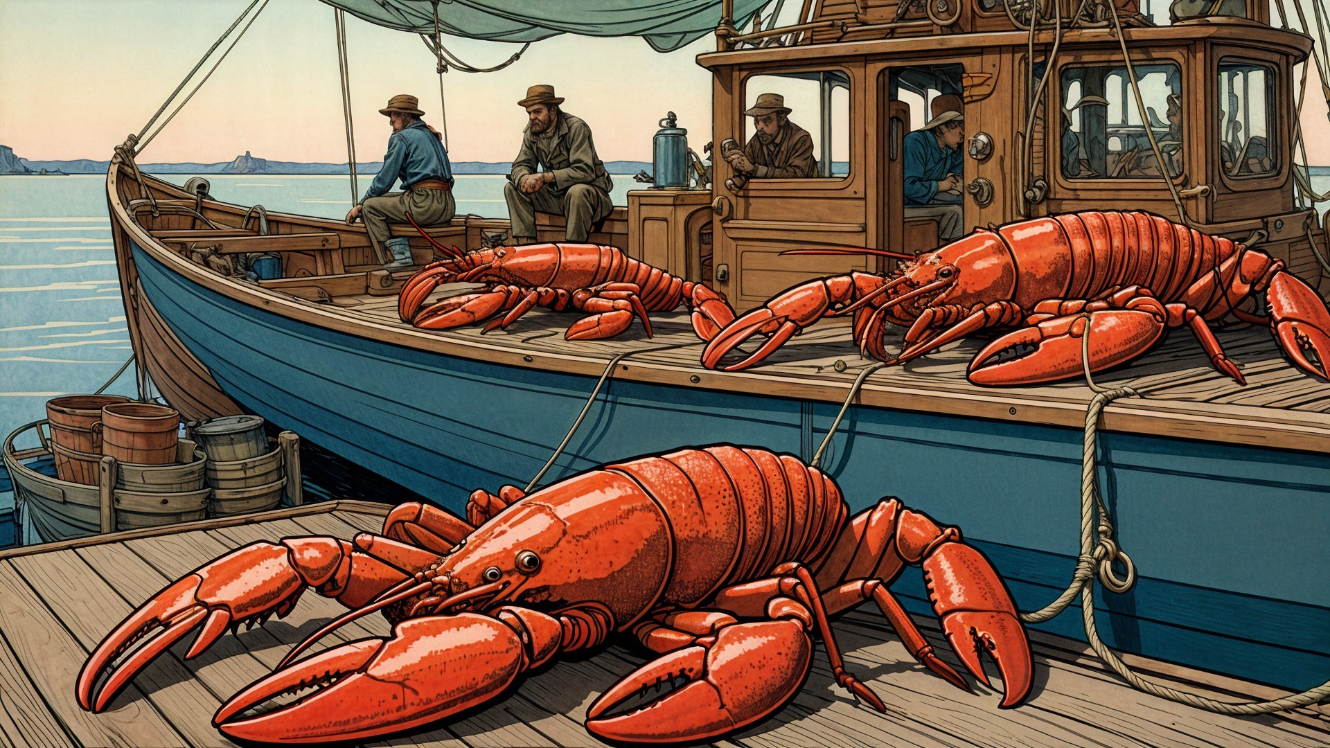 Vintage Illustration of Fishing Boat and Lobsters