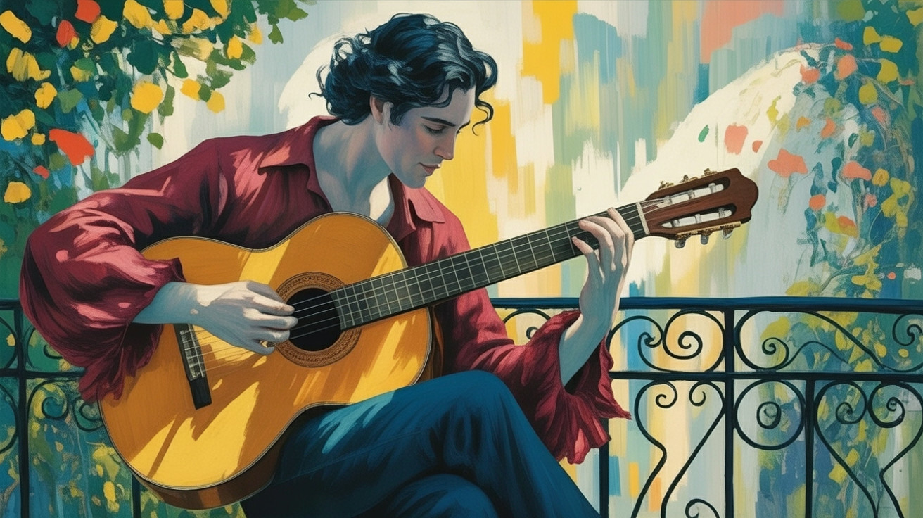 Man with curly hair playing guitar on a balcony