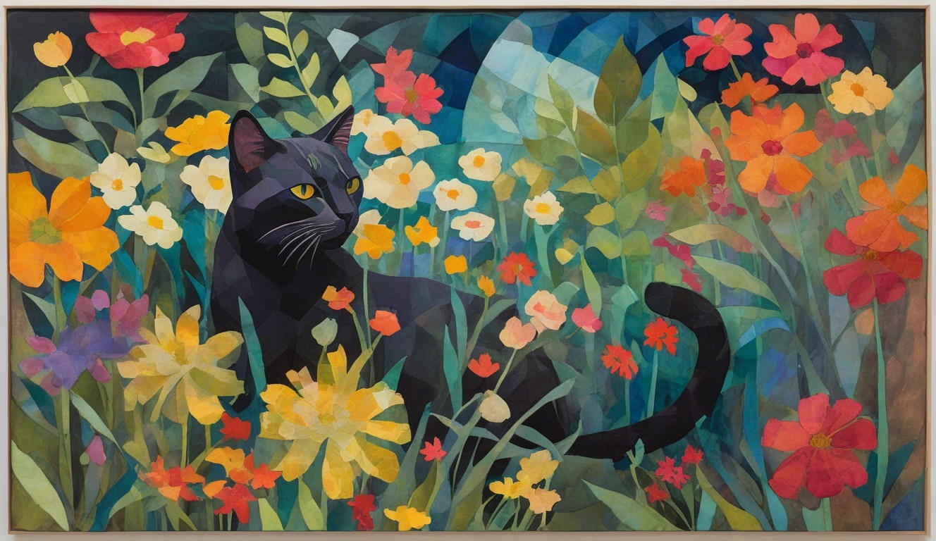 Abstract Illustration of a Black Cat Among Flowers