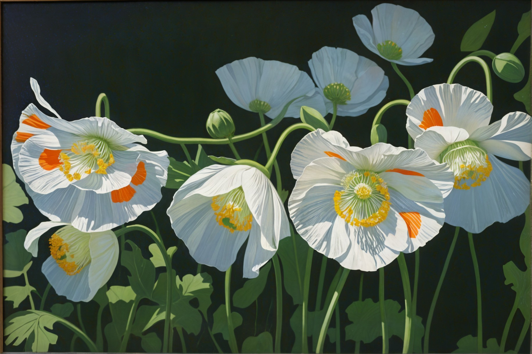 Vibrant White Poppy Flowers with Green Foliage