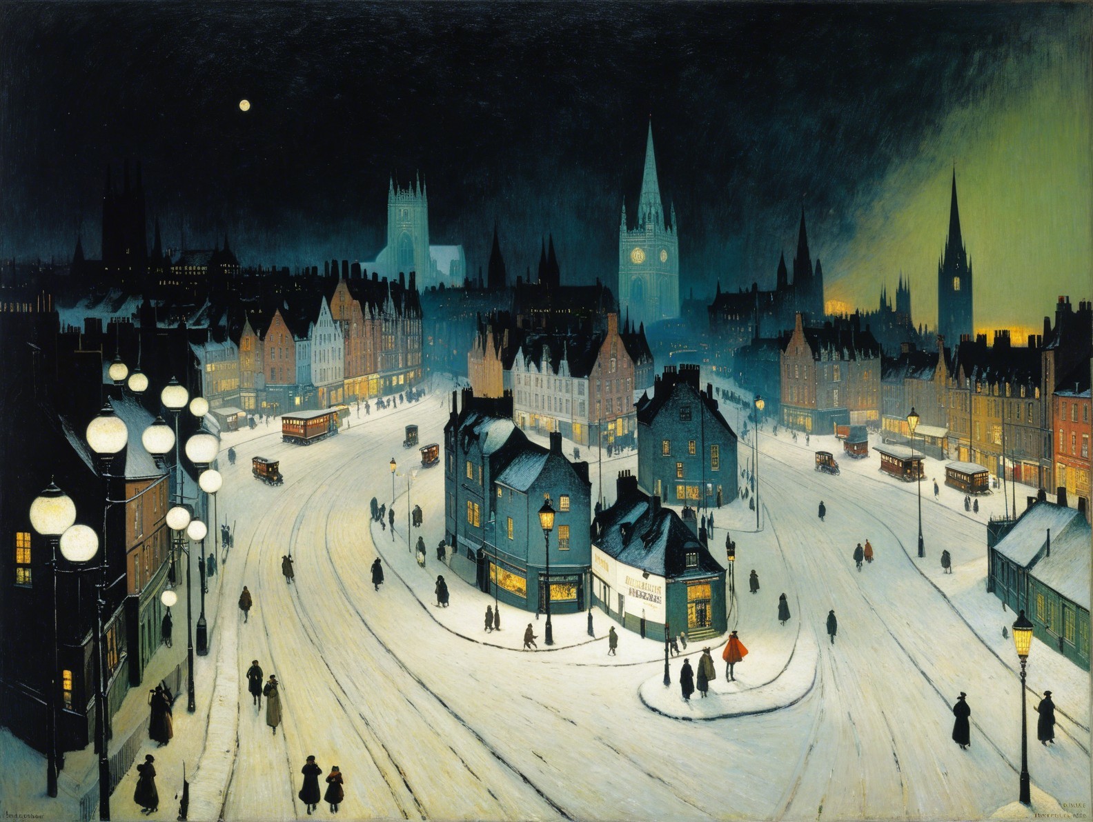 Snowy European City Street at Night in Oil Painting