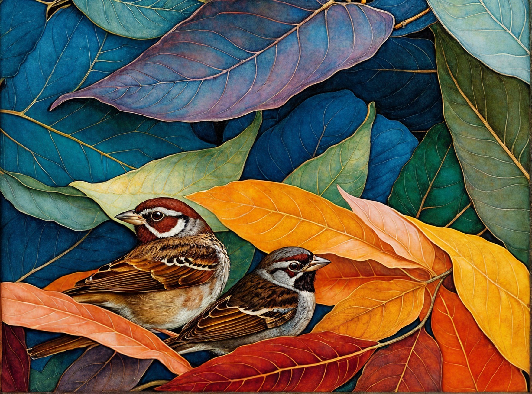 Sparrows Among Colorful Leaves in Natural Composition