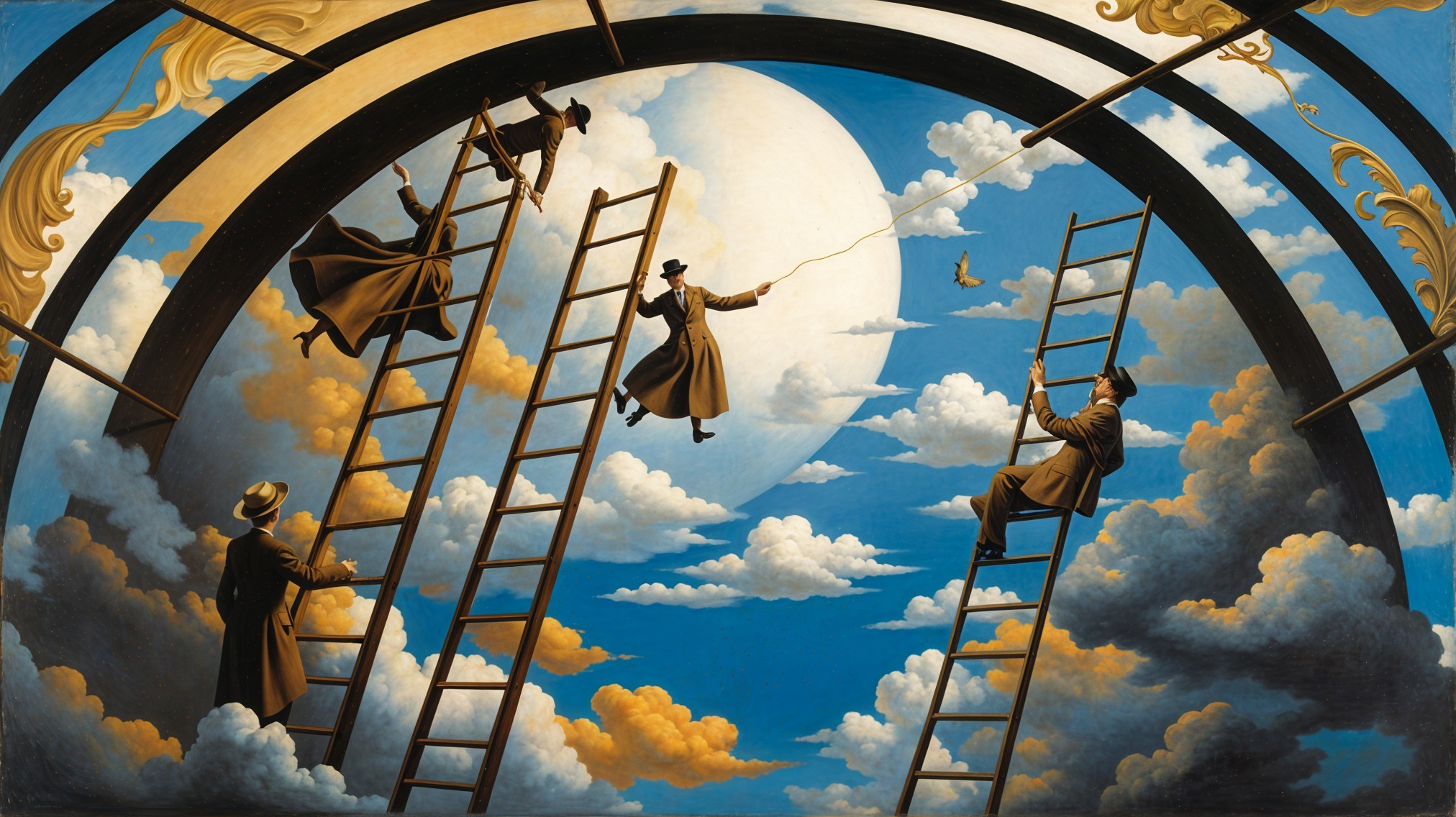 Surreal Artwork of Figures Ascending Ladders to Moon
