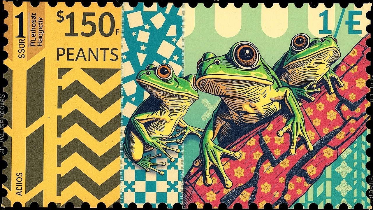 Vibrant Stamp Design with Colorful Tree Frogs