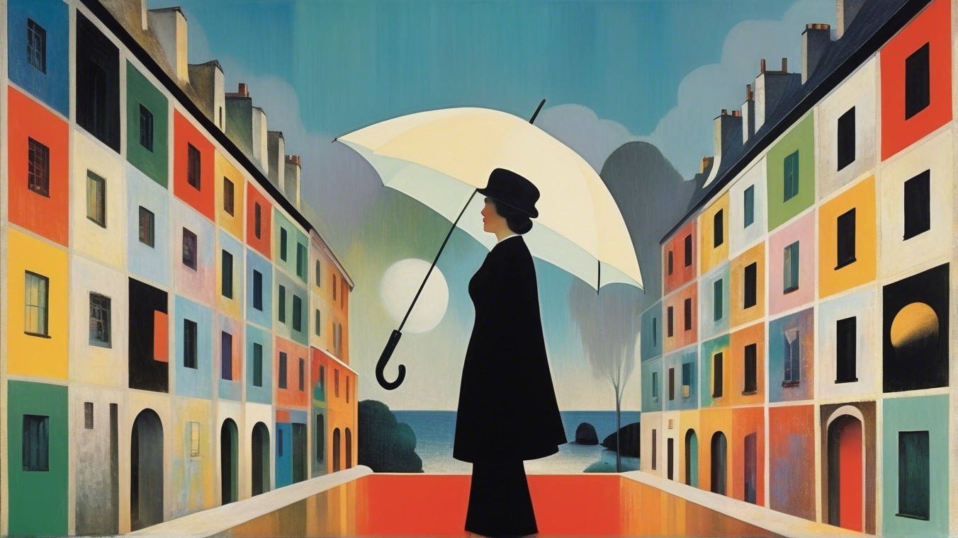 Silhouette of Woman with Umbrella on Colorful Street
