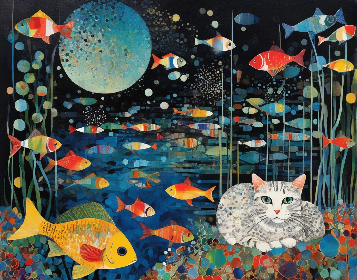 Whimsical Underwater Scene with Colorful Fish and Cat