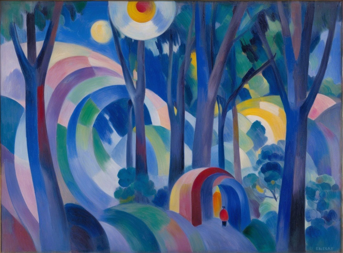 Vibrant Abstract Landscape with Stylized Trees and Figure