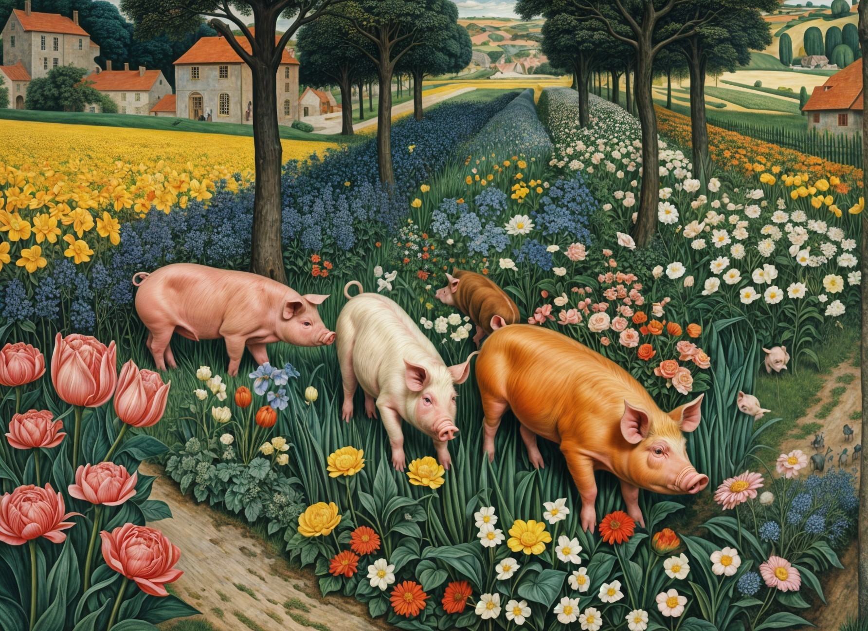 Vibrant Countryside Scene with Colorful Pigs and Flowers