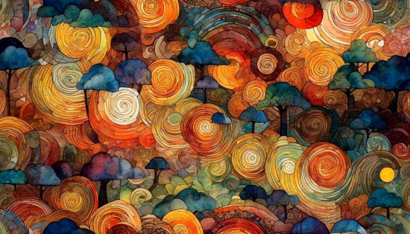Colorful Abstract Watercolor Art: Swirls, Circles, and Wavy Patterns in Warm