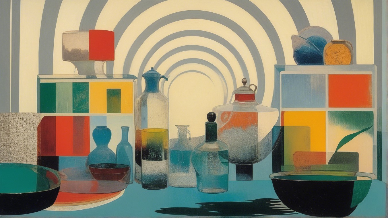 Vibrant Still Life of Kitchenware and Bottles