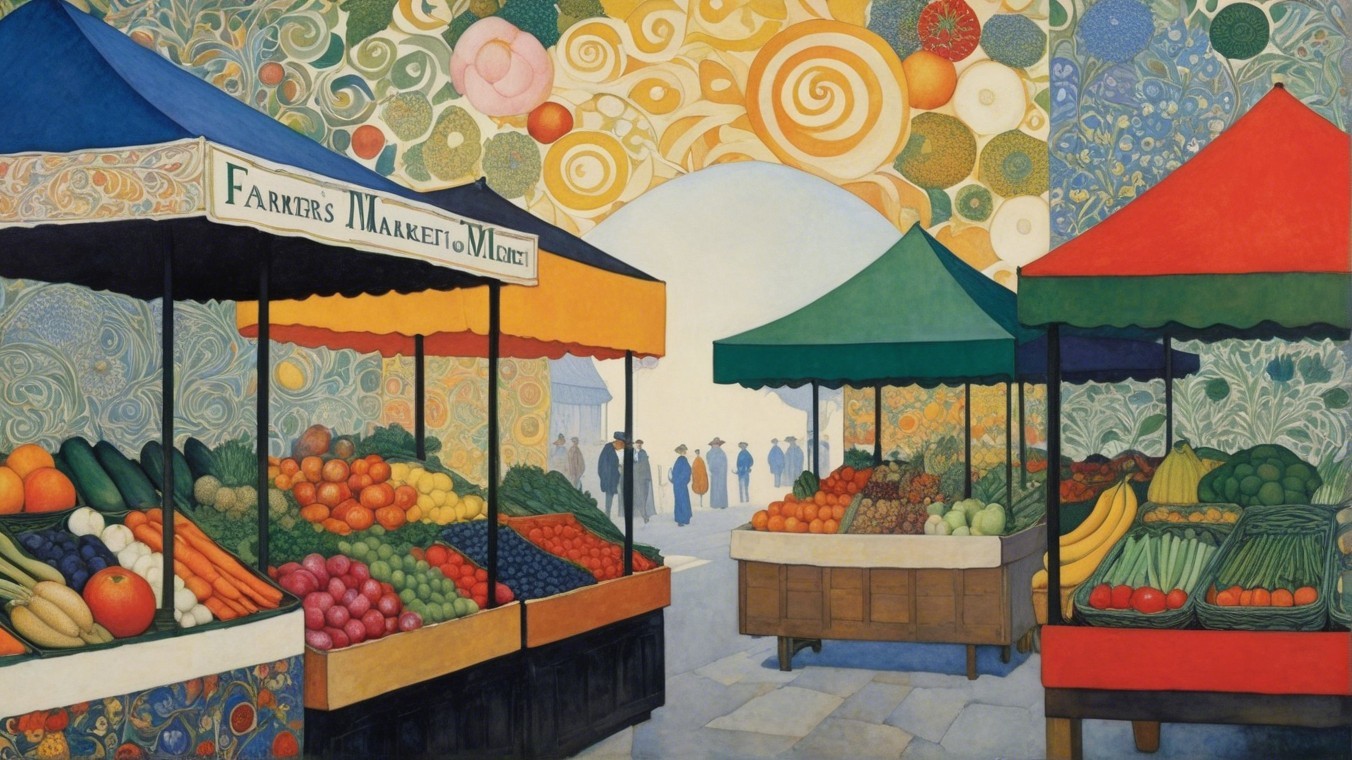 Vibrant Farmers Market with Colorful Stalls and Canopies