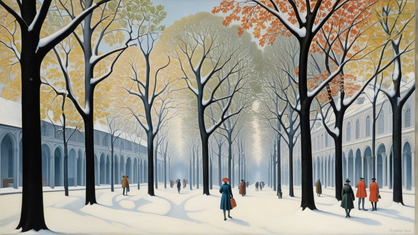 Winter Scene with Snowy Tree-Lined Avenue and People