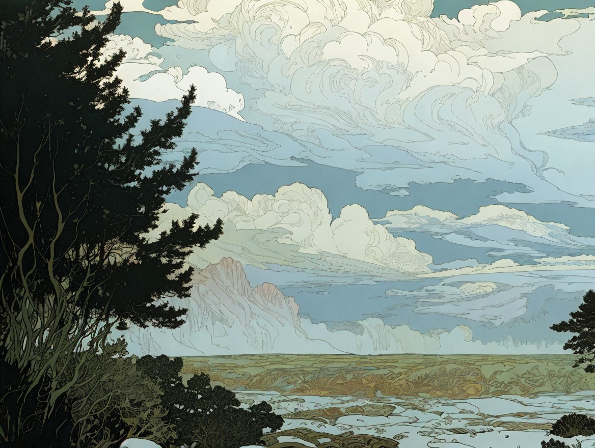 Serene Landscape with Clouds and Silhouetted Trees