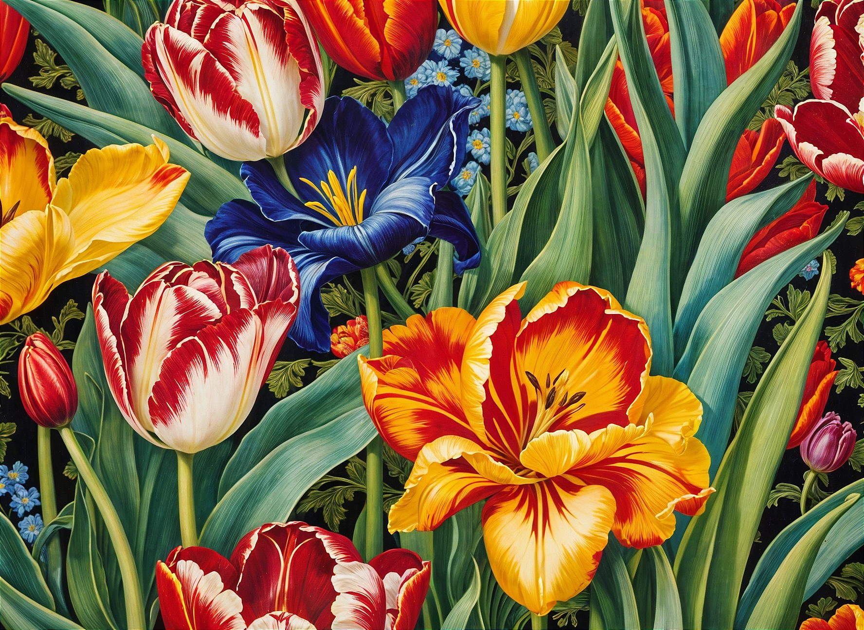 Vibrant Floral Composition of Colorful Tulips and Leaves